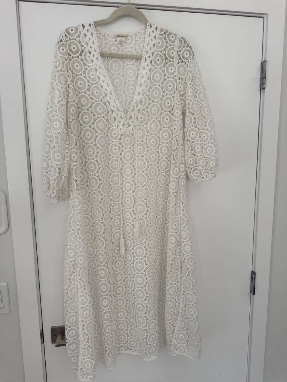 Shoshanna Ivory Eyelet Lace Midi Dress with V-Neck and Tie